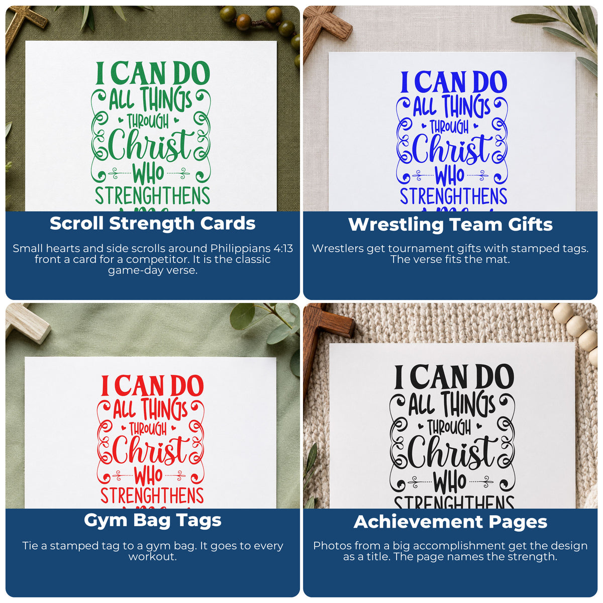 Four ways to use the Slim Pre-Inked All Things Through Christ Scrolls Stamp: scroll strength cards, wrestling team gifts, gym bag tags and achievement pages.