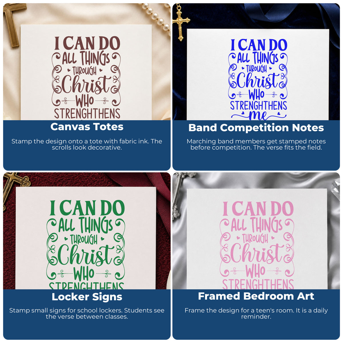Four ways to use the Slim Pre-Inked All Things Through Christ Scrolls Stamp: canvas totes, band competition notes, locker signs and framed bedroom art.
