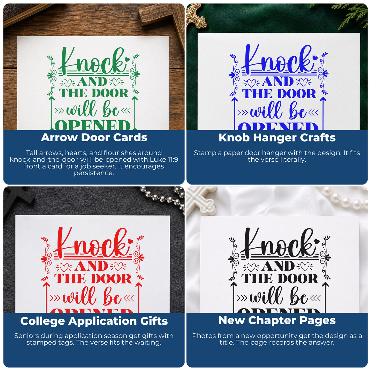 Four ways to use the Knock And The Door Arrows With Hearts Hand Stamp – Duo: arrow door cards, knob hanger crafts, college application gifts and new chapter pages.