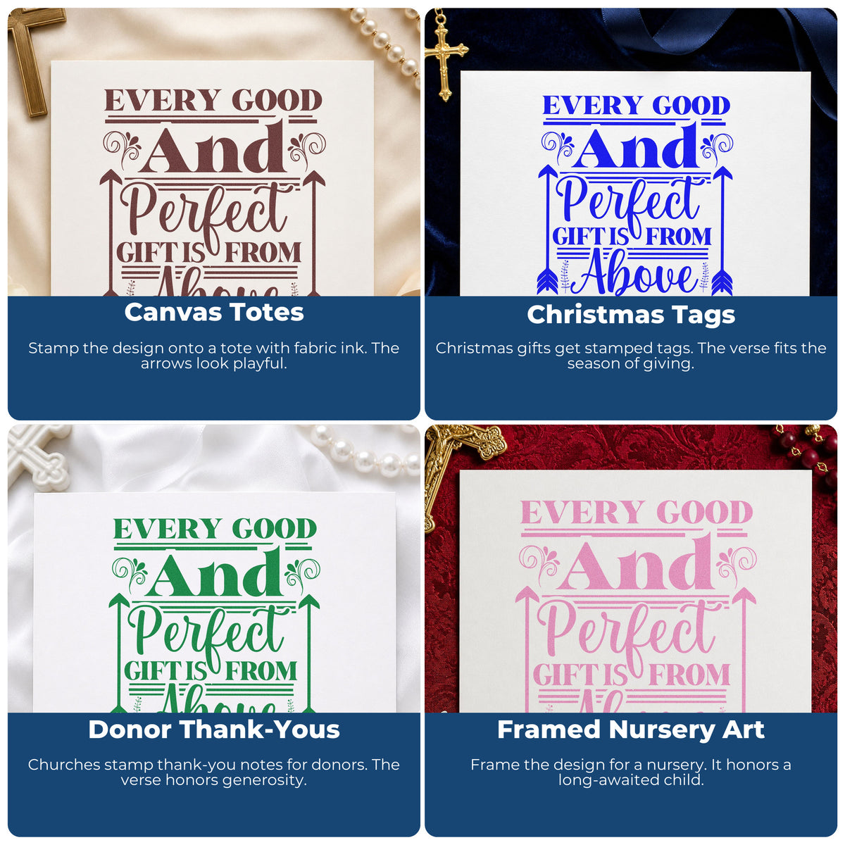 Four ways to use the Every Good Gift Arrow Framed Lettering Pre-Inked Stamp – Slim: canvas totes, christmas tags, donor thank-yous and framed nursery art.