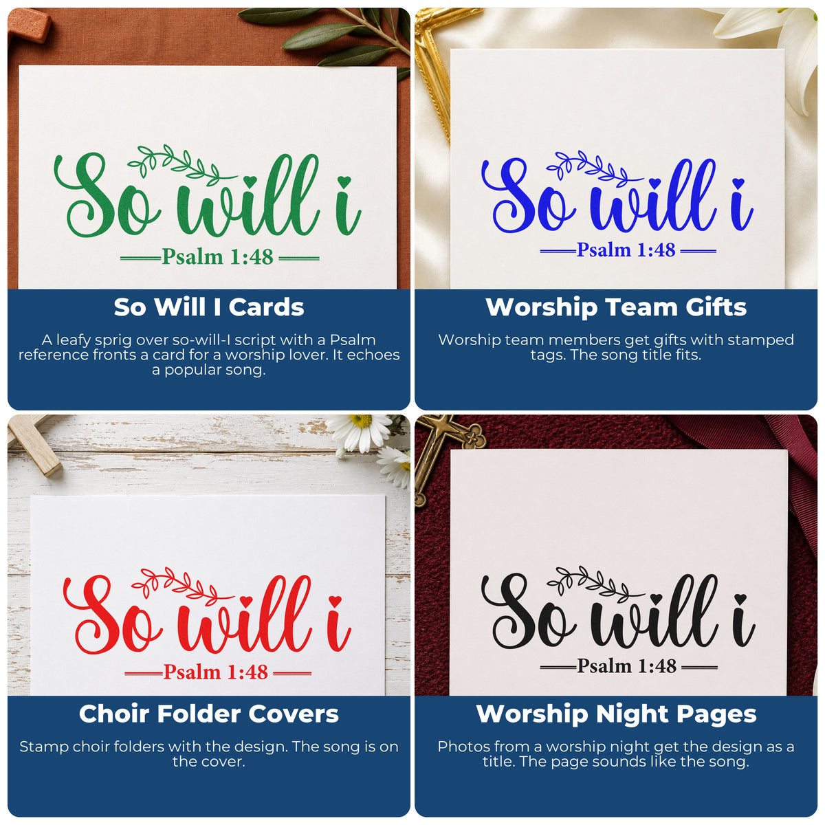 Four ways to use the So Will I Botanical Sprig Hand Stamp – Duo: so will i cards, worship team gifts, choir folder covers and worship night pages.