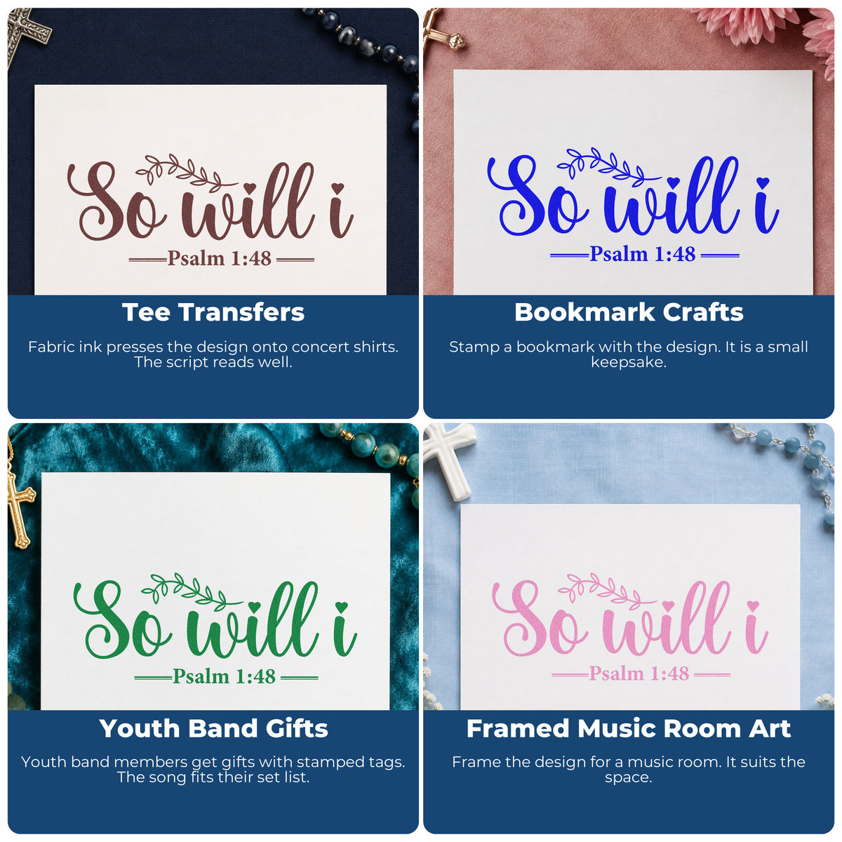 Four ways to use the So Will I Botanical Sprig Hand Stamp – Duo: tee transfers, bookmark crafts, youth band gifts and framed music room art.