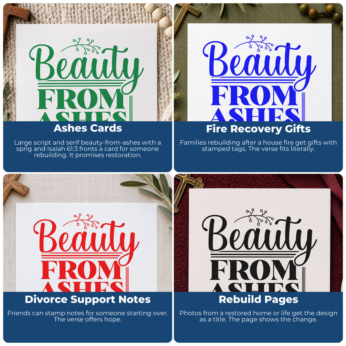 Four ways to use the Beauty From Ashes Botanical Lettering Wood Handle Stamp: ashes cards, fire recovery gifts, divorce support notes and rebuild pages.