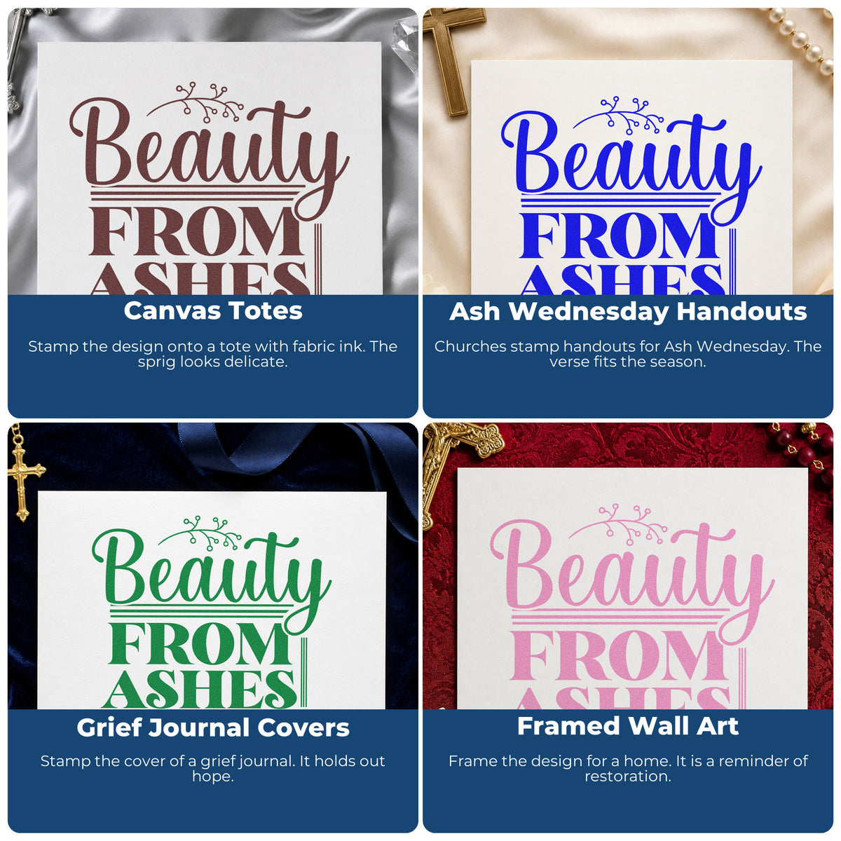 Four ways to use the Beauty From Ashes Botanical Lettering Premium Wooden Stamp - Vintage Pro: canvas totes, ash wednesday handouts, grief journal covers and framed wall art.