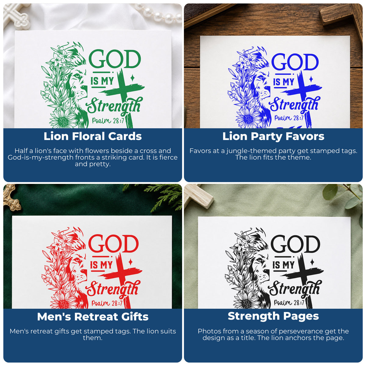 Four ways to use the God Is My Strength Lion With Cross Stamp - Premium Vintage Pro Wooden: lion floral cards, lion party favors, men's retreat gifts and strength pages.
