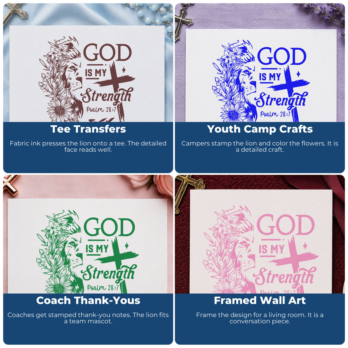 Four ways to use the God Is My Strength Lion With Cross Stamp - Premium Vintage Pro Wooden: tee transfers, youth camp crafts, coach thank-yous and framed wall art.