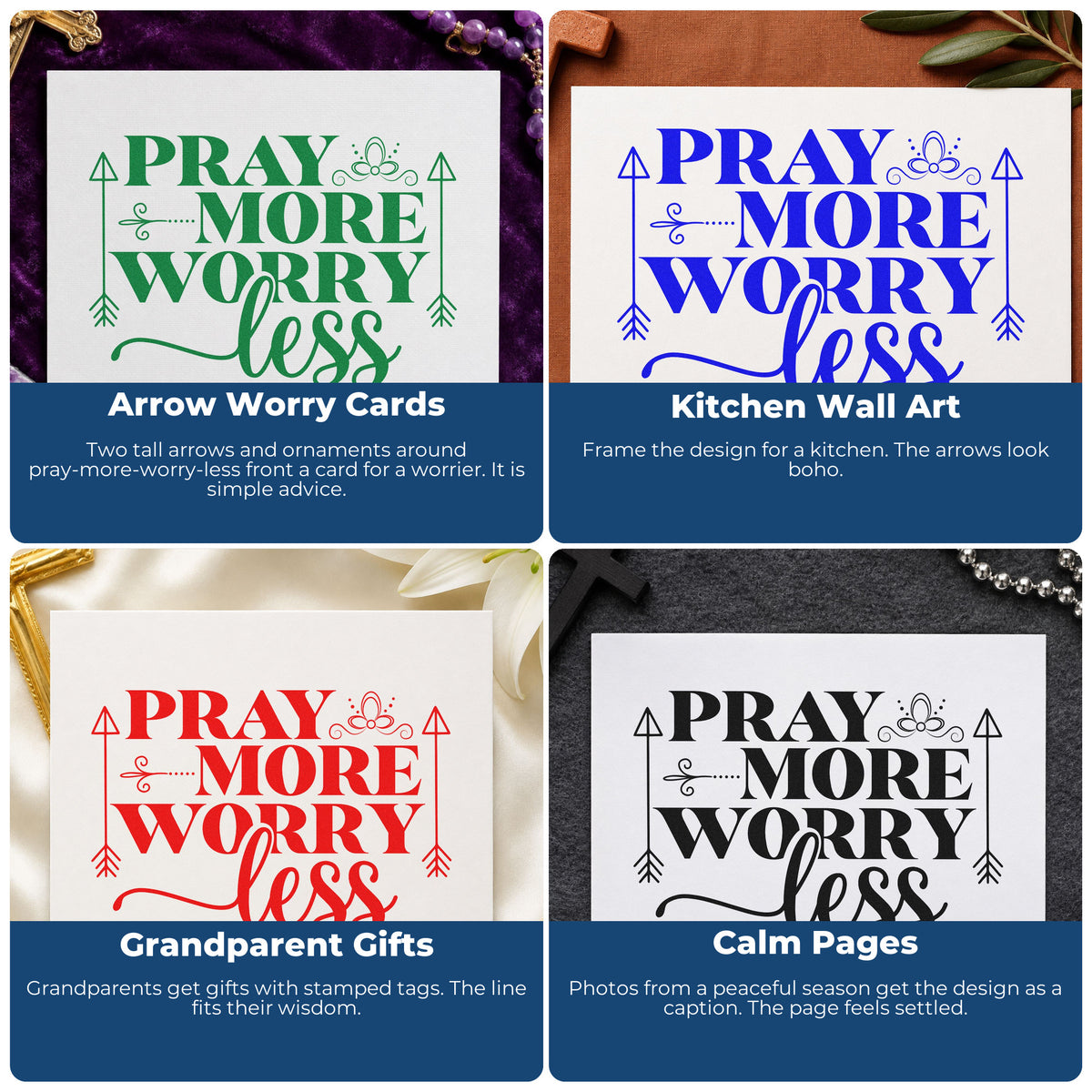Four ways to use the Pray More Worry Less Arrows Self-Inking Stamp: arrow worry cards, kitchen wall art, grandparent gifts and calm pages.