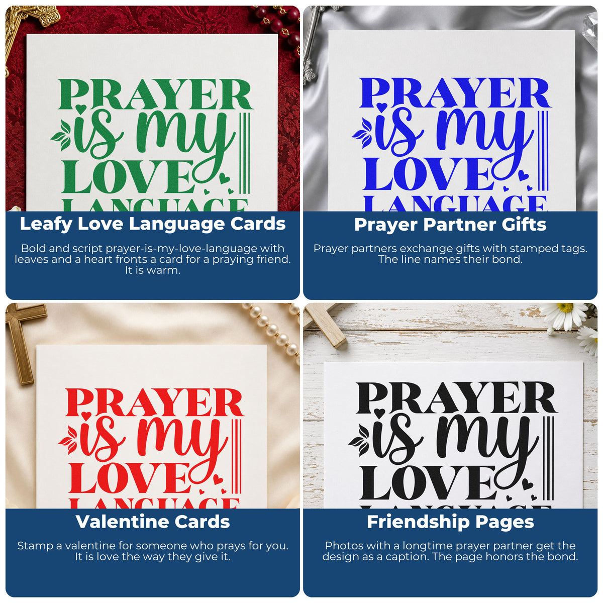 Four ways to use the Premium Wooden Prayer Is My Love Language Leaf Accents Stamp - Vintage Pro: leafy love language cards, prayer partner gifts, valentine cards and friendship pages.