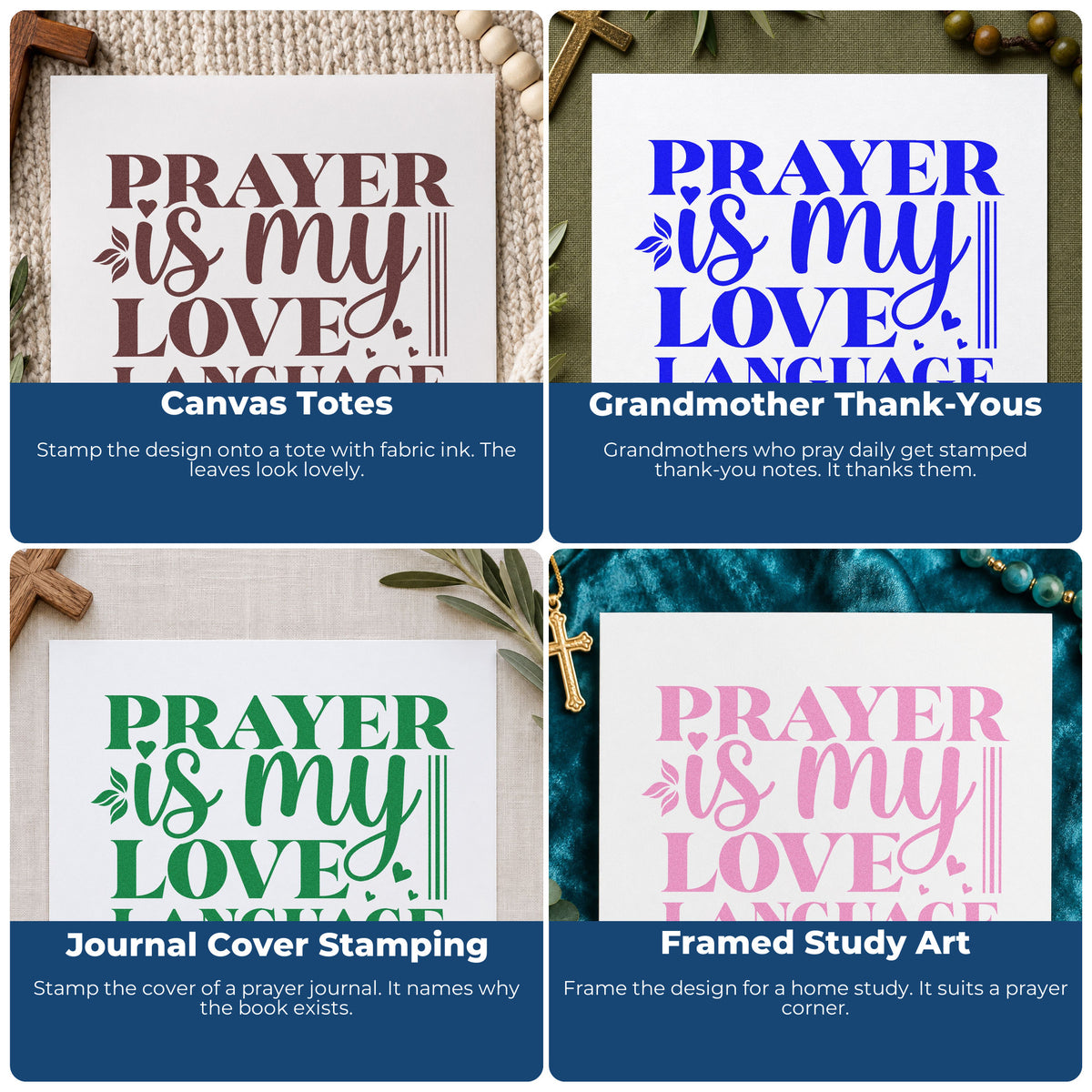 Four ways to use the Prayer Is My Love Language Leaf Accents Stamp – Self-Inking: canvas totes, grandmother thank-yous, journal cover stamping and framed study art.
