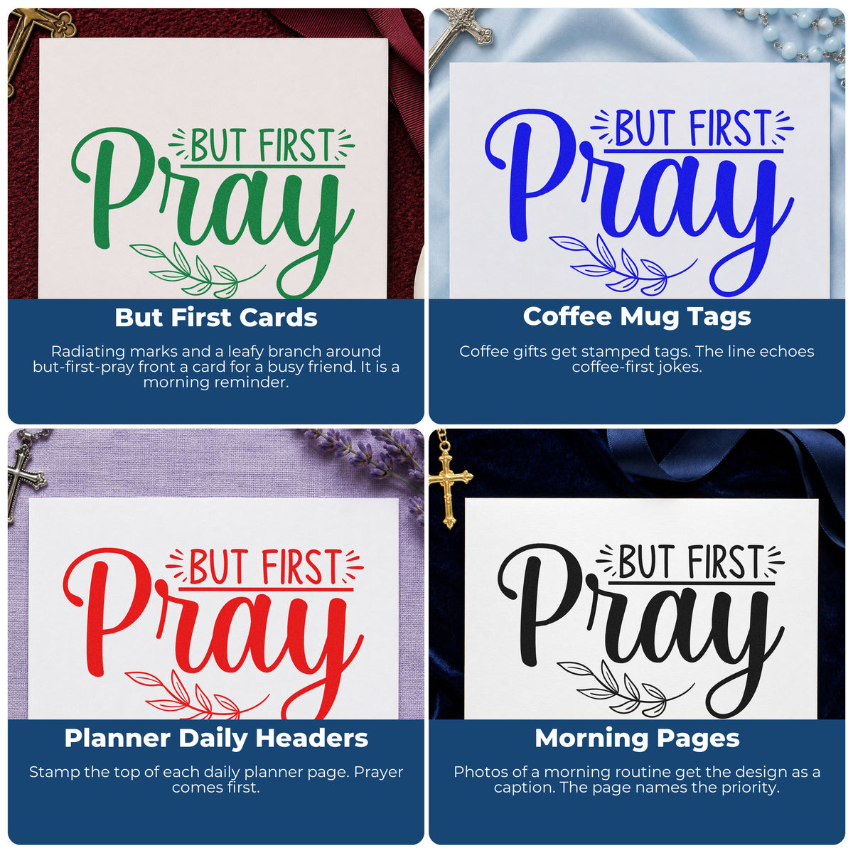Four ways to use the Slim Pre-Inked But First Pray Leaves Stamp: but first cards, coffee mug tags, planner daily headers and morning pages.