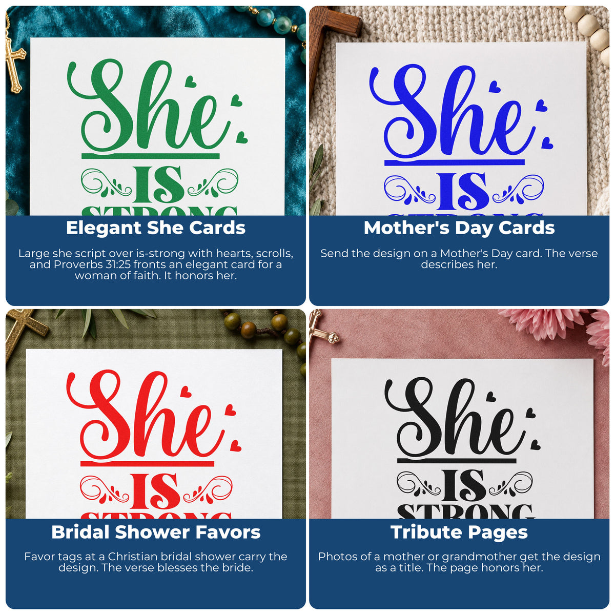 Four ways to use the She Is Strong Ornamental Stamp – Duo Hand: elegant she cards, mother's day cards, bridal shower favors and tribute pages.