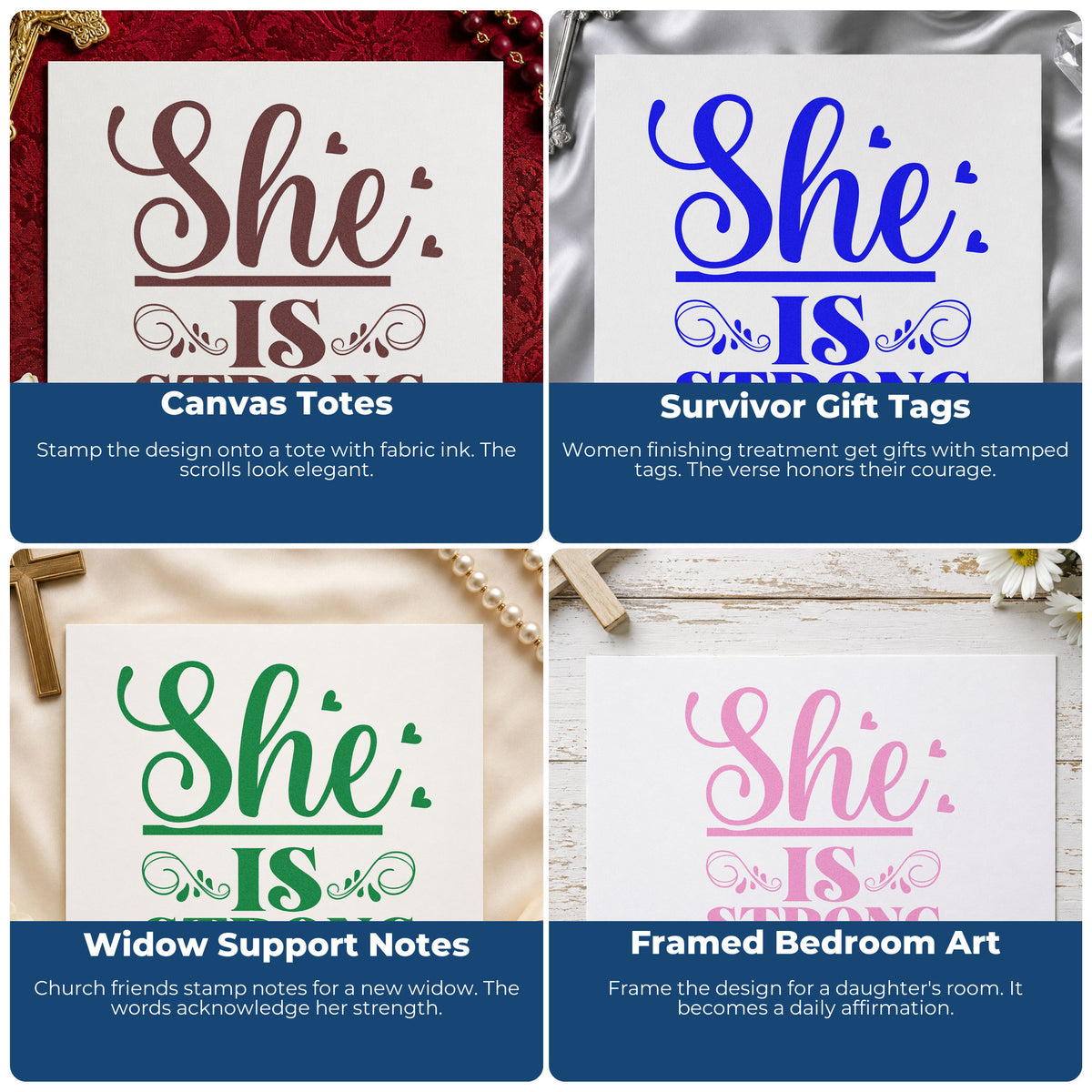 Four ways to use the She Is Strong Ornamental Stamp – Duo Hand: canvas totes, survivor gift tags, widow support notes and framed bedroom art.