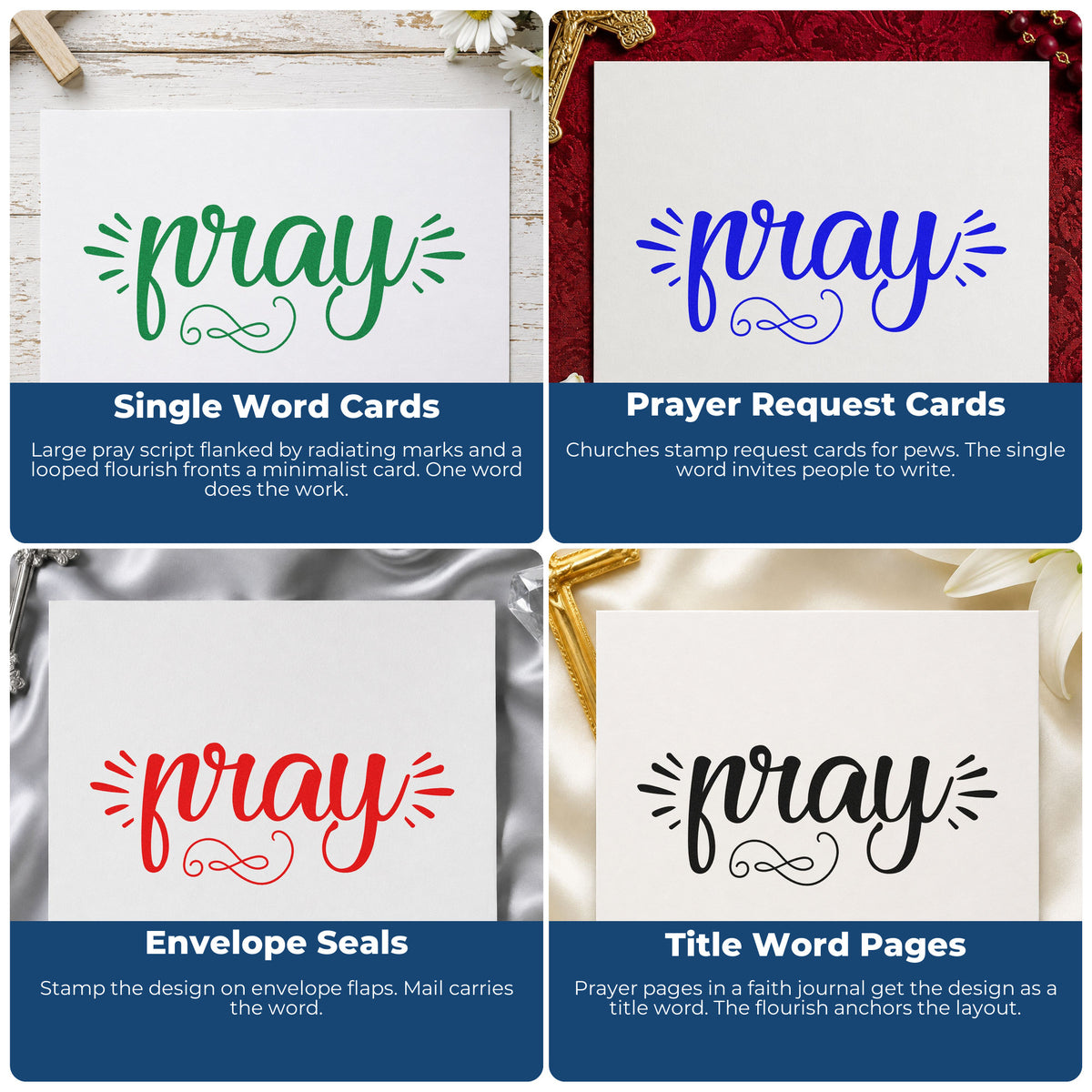 Four ways to use the Pray Radiating Script Lettering PSI Pre-Inked Stamp: single word cards, prayer request cards, envelope seals and title word pages.