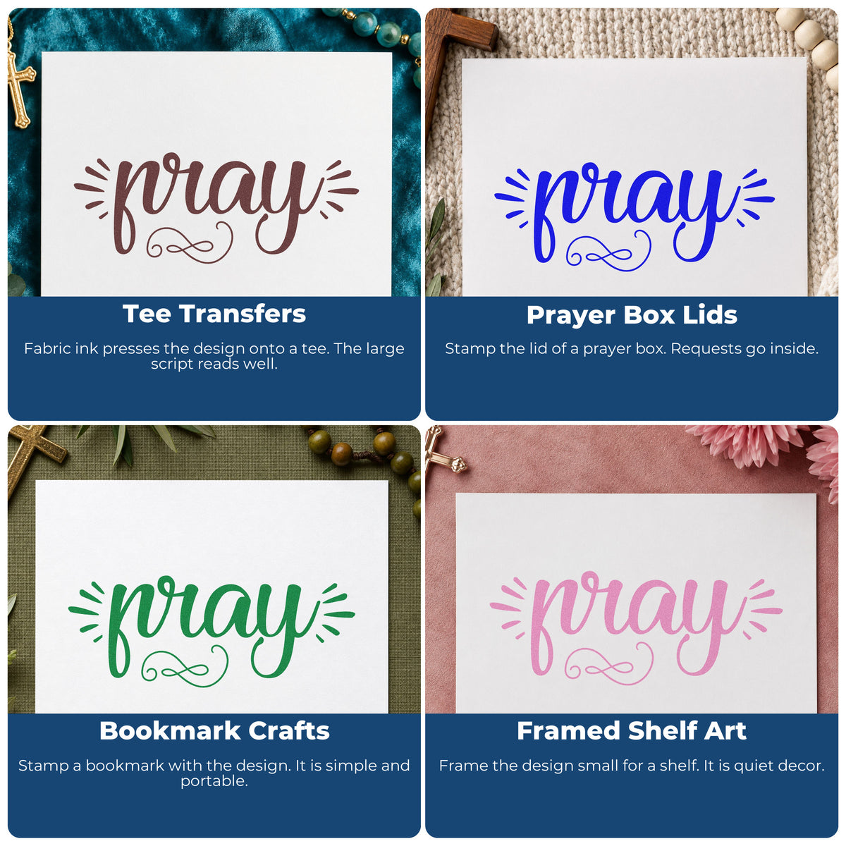Four ways to use the Pray Radiating Script Lettering Stamp – Slim Pre-Inked: tee transfers, prayer box lids, bookmark crafts and framed shelf art.