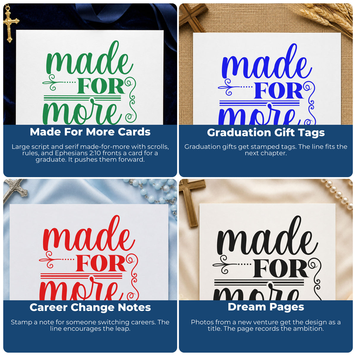 Four ways to use the Made For More Self-Inking Stamp: made for more cards, graduation gift tags, career change notes and dream pages.