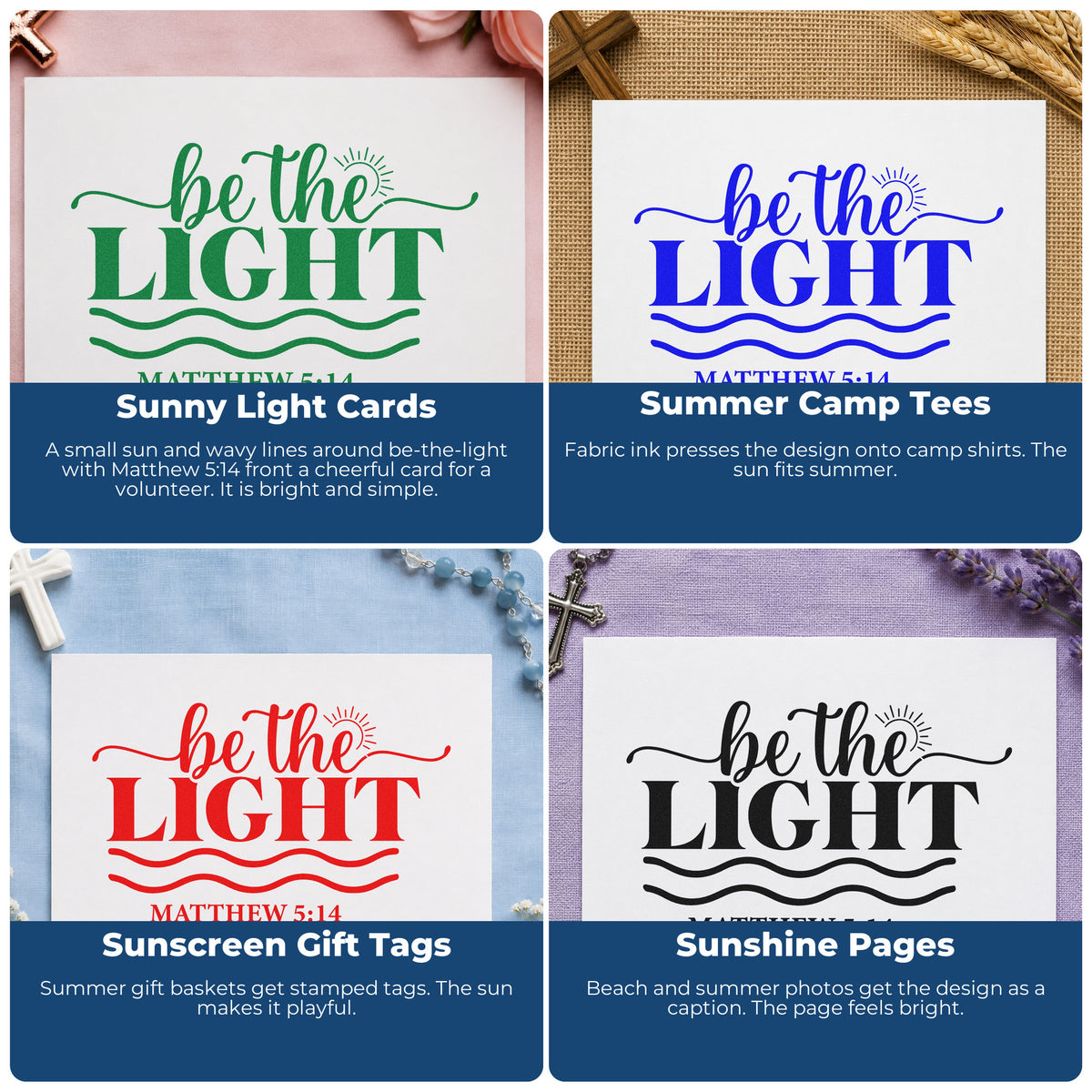 Faith-based rubber stamps for Bible journaling, scrapbooking, prayer cards, and church event favors.