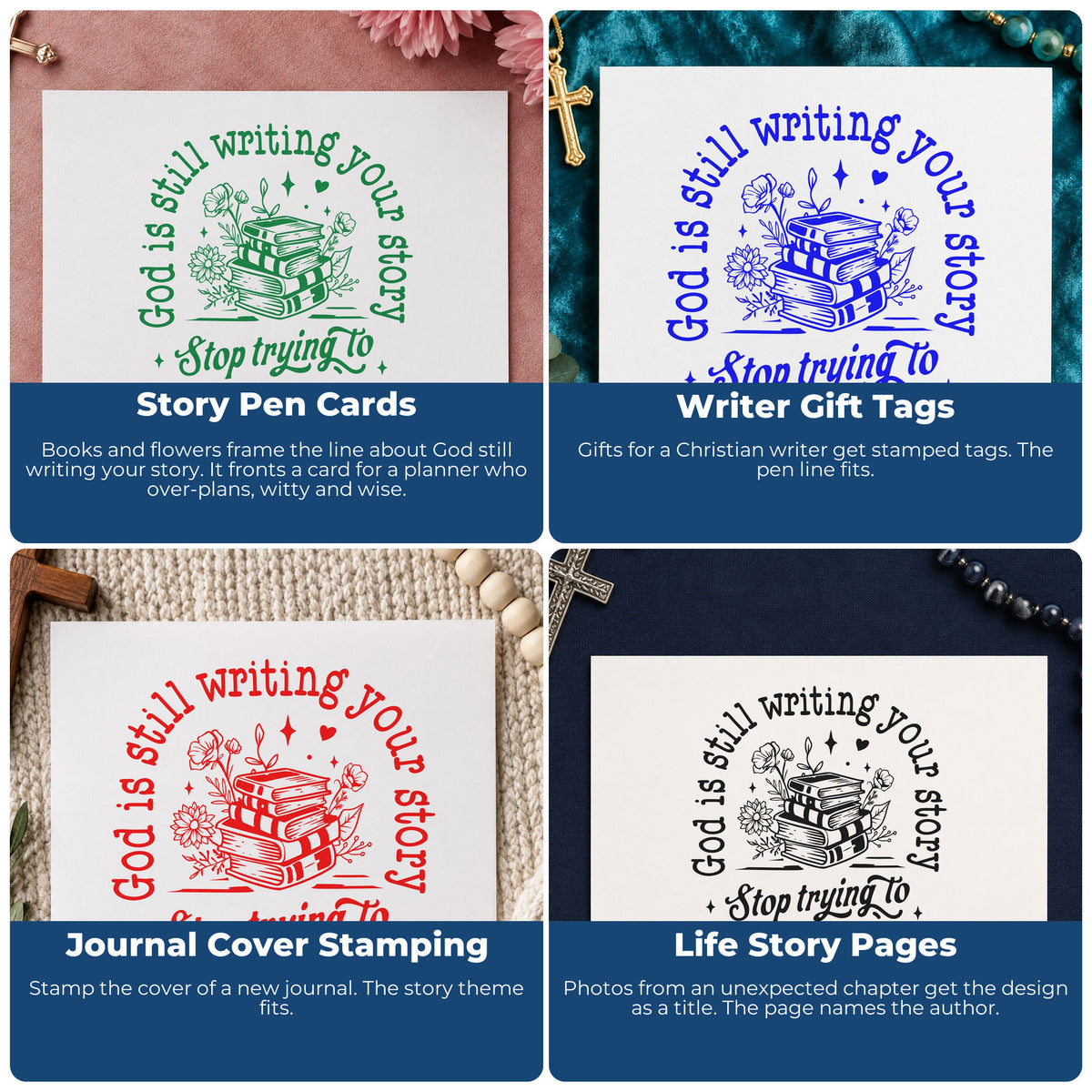Four ways to use the God Is Writing Your Story Books PSI Pre-Inked Stamp: story pen cards, writer gift tags, journal cover stamping and life story pages.