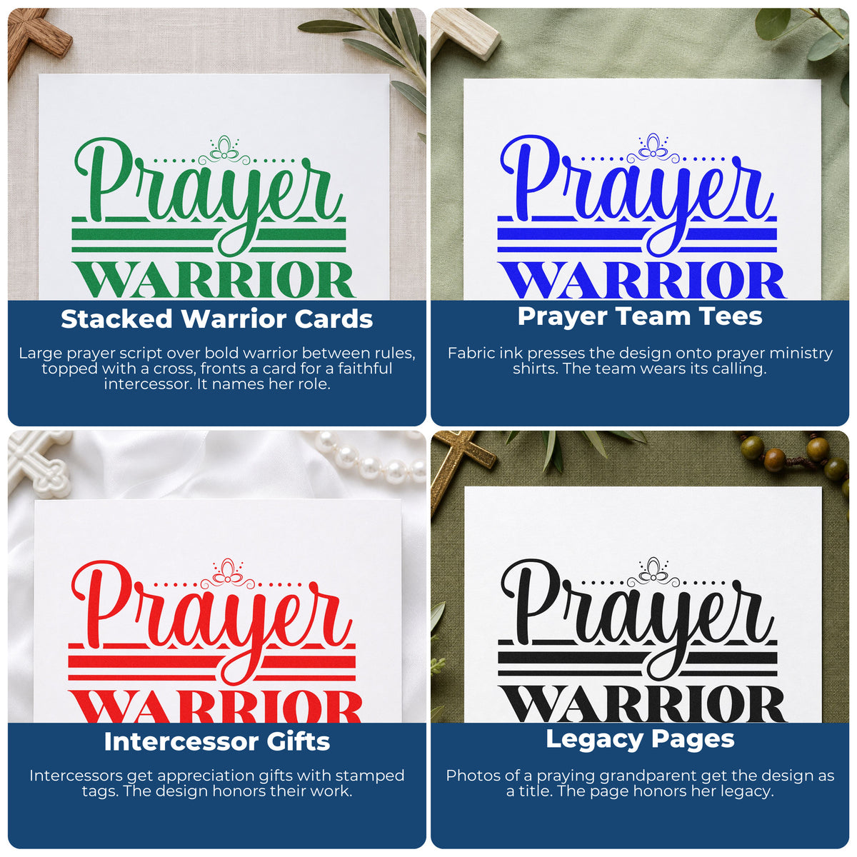 Four ways to use the Prayer Warrior Flourished Lettering Duo Hand Stamp: stacked warrior cards, prayer team tees, intercessor gifts and legacy pages.