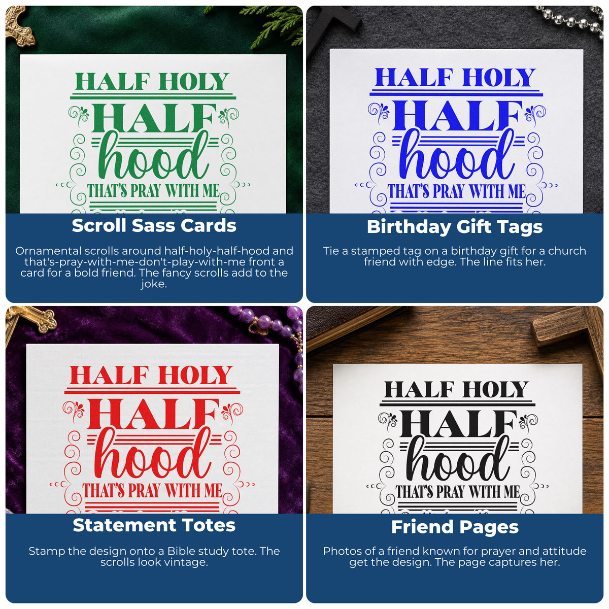 Four ways to use the Half Holy Half Hood Scrolls Rubber Stamp – Duo Hand: scroll sass cards, birthday gift tags, statement totes and friend pages.