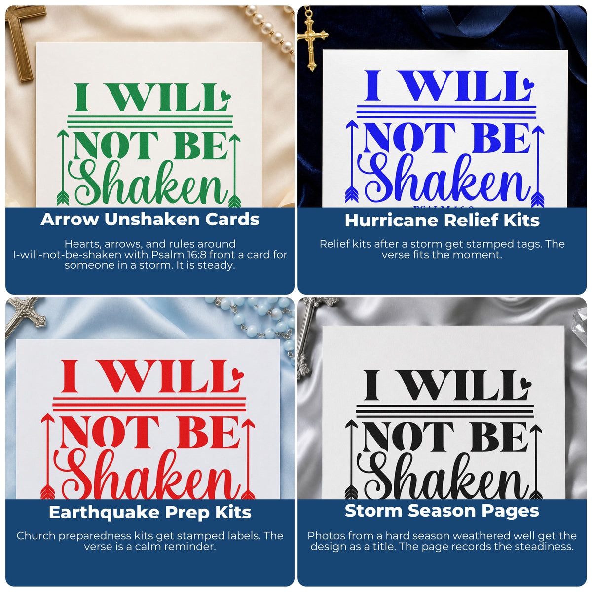 Four ways to use the I Will Not Be Shaken Arrows Stamp – Duo Hand: arrow unshaken cards, hurricane relief kits, earthquake prep kits and storm season pages.