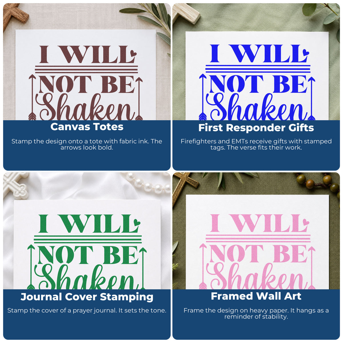 Four ways to use the I Will Not Be Shaken Arrows Stamp – Duo Hand: canvas totes, first responder gifts, journal cover stamping and framed wall art.