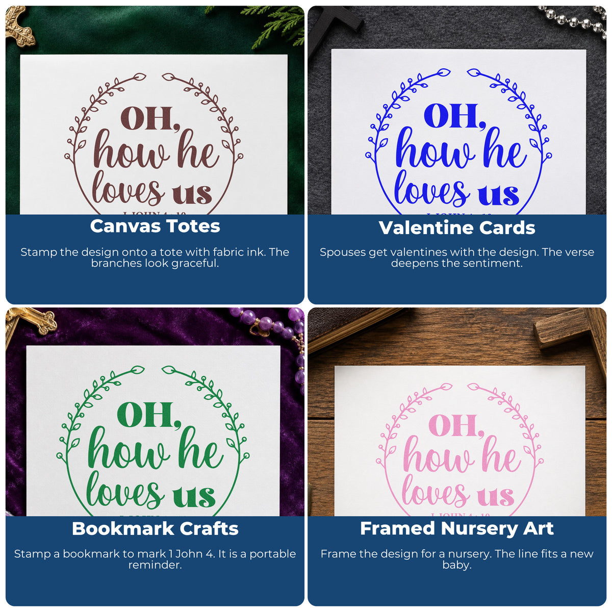 Four ways to use the Oh, How He Loves Us Slim Pre-Inked Stamp: canvas totes, valentine cards, bookmark crafts and framed nursery art.