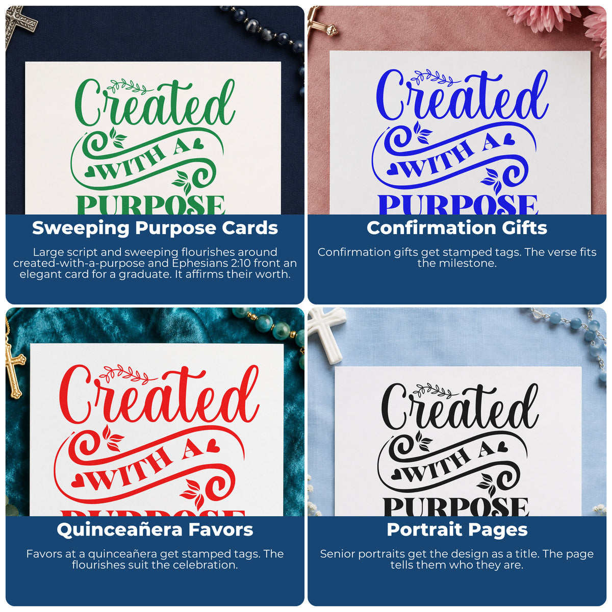 Four ways to use the Duo Hand Created With A Purpose Flourish Rubber Stamp: sweeping purpose cards, confirmation gifts, quinceañera favors and portrait pages.