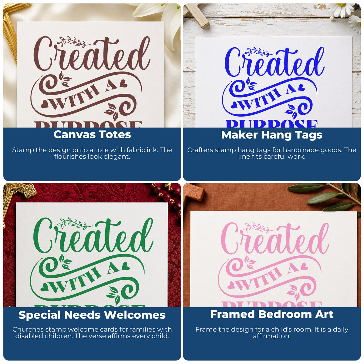 Four ways to use the Created With A Purpose Flourish Self-Inking Stamp: canvas totes, maker hang tags, special needs welcomes and framed bedroom art.