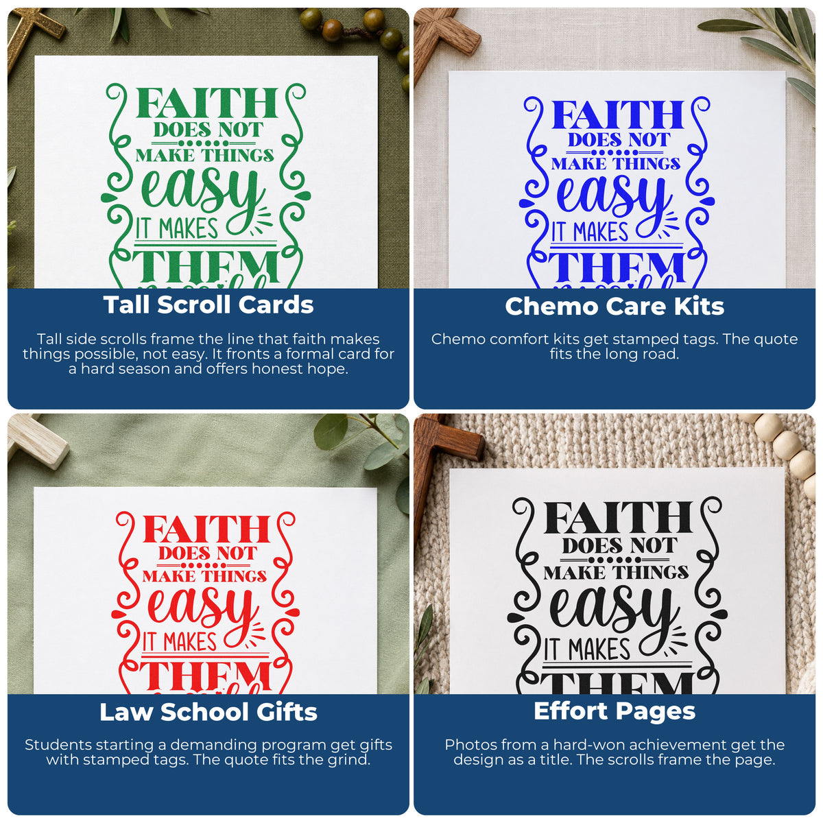 Four ways to use the Faith Makes Possible Scrolls Frame Accent Stamp – Slim Pre-Inked: tall scroll cards, chemo care kits, law school gifts and effort pages.