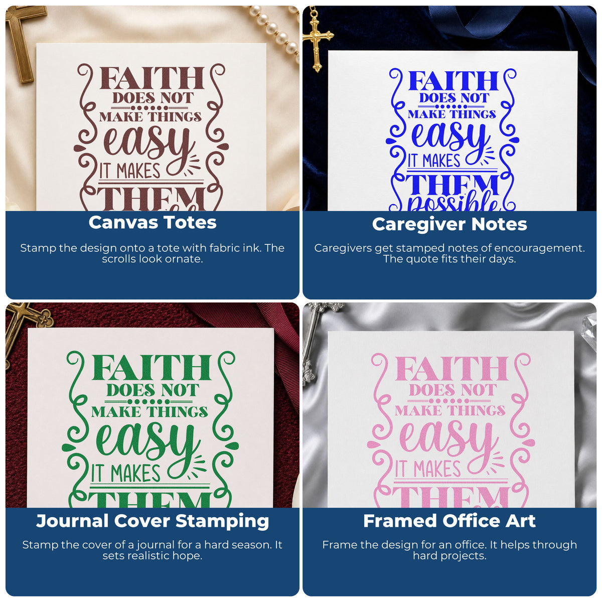 Four ways to use the Faith Makes Possible Scrolls Frame Accent Rubber Stamp – Wood Handle: canvas totes, caregiver notes, journal cover stamping and framed office art.