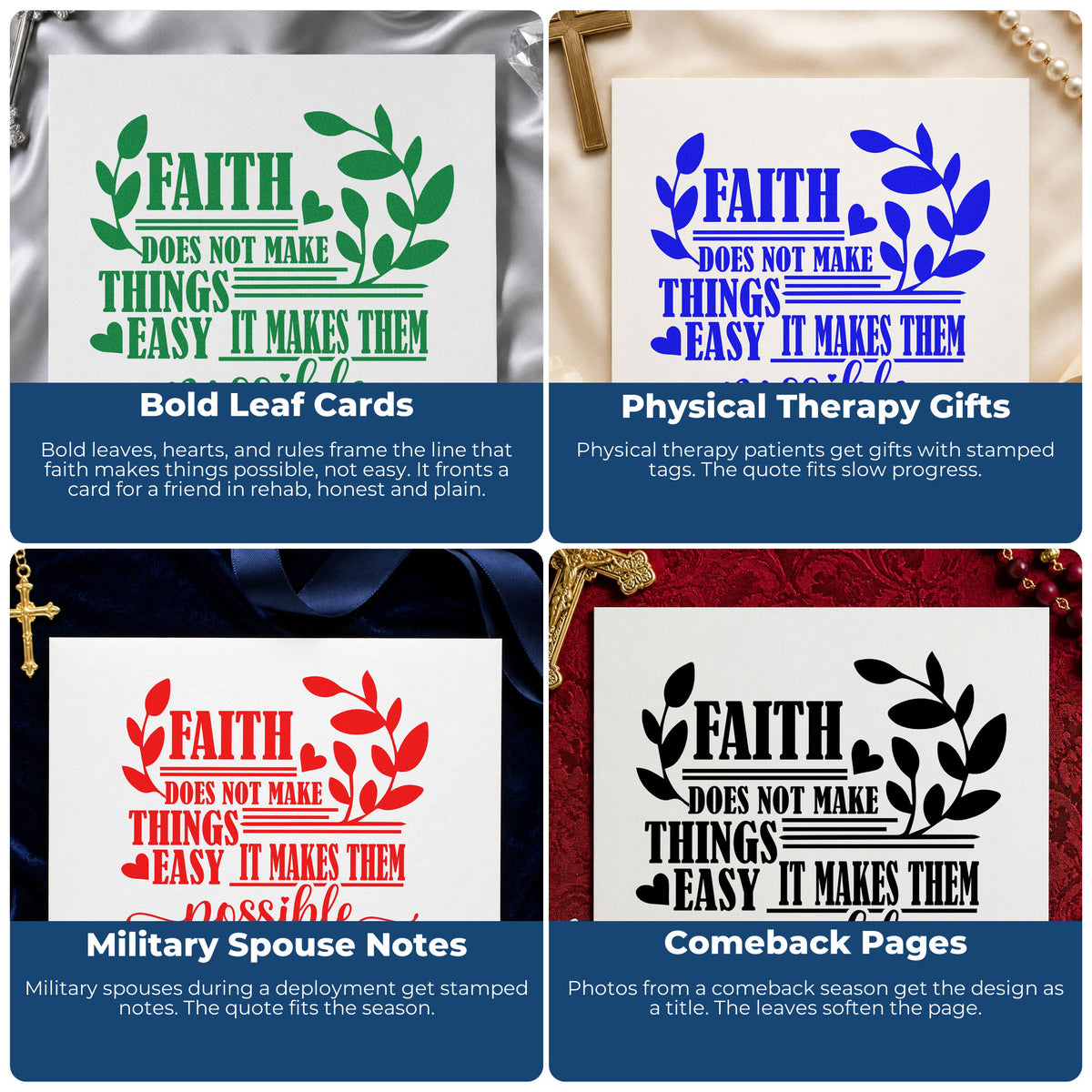 Four ways to use the Faith Makes Possible Leaves Compact Pre-Inked Stamp – Slim: bold leaf cards, physical therapy gifts, military spouse notes and comeback pages.