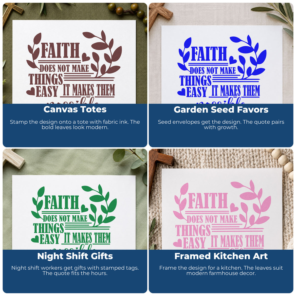 Four ways to use the Faith Makes Possible Leaves Stamp – Wood Handle: canvas totes, garden seed favors, night shift gifts and framed kitchen art.