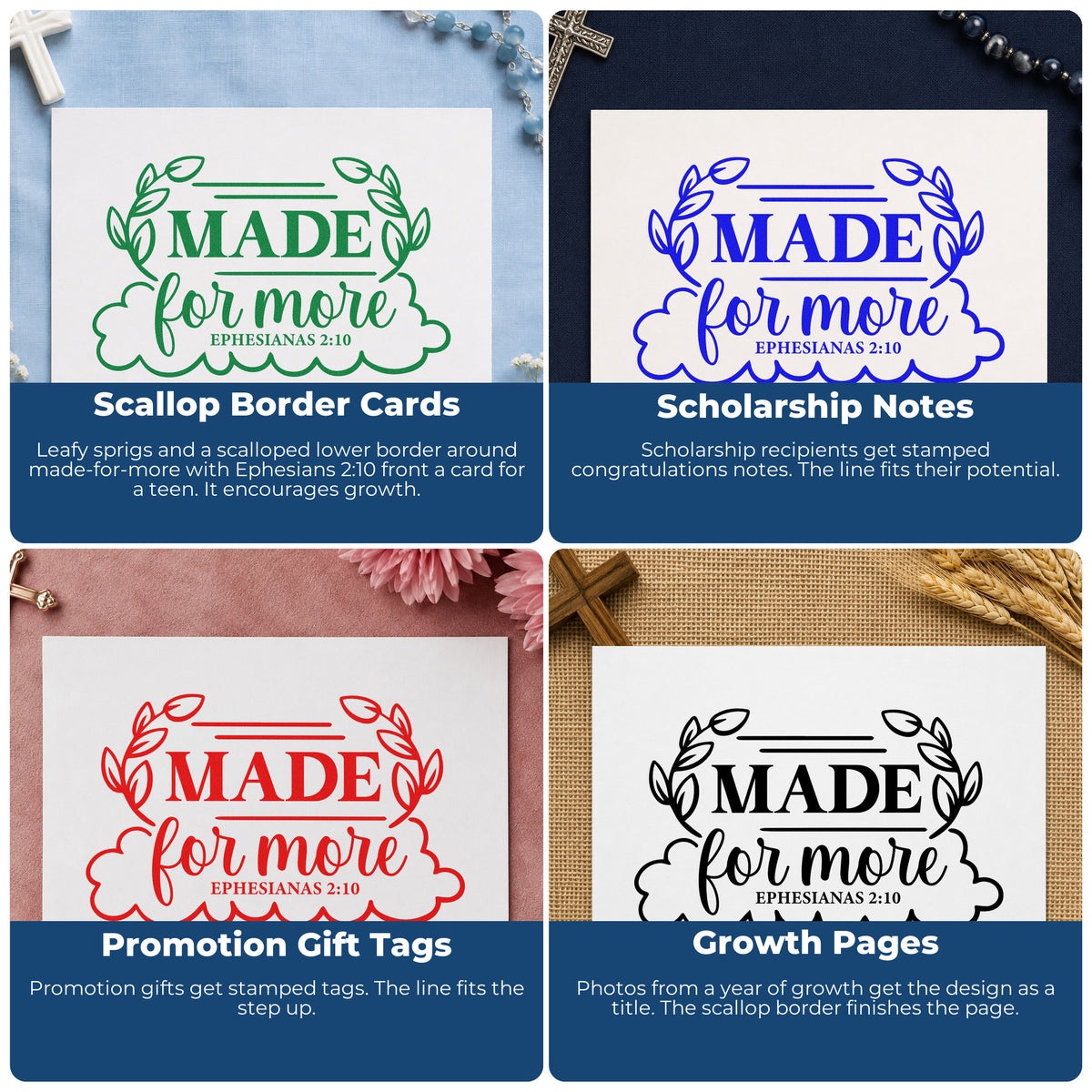 Four ways to use the Made For More Leaf Frame Premium Wooden Stamp - Vintage Pro: scallop border cards, scholarship notes, promotion gift tags and growth pages.