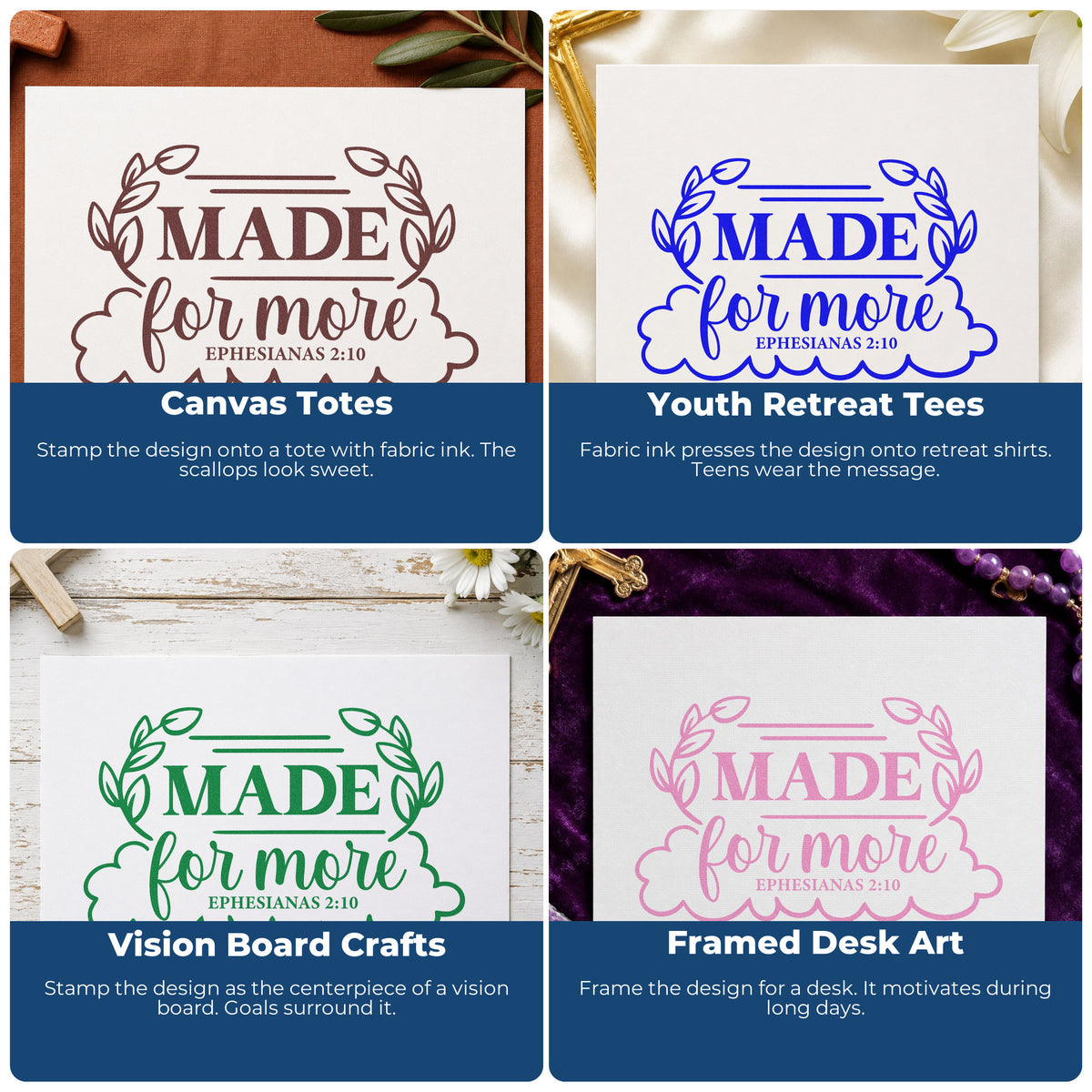 Four ways to use the Made For More Leaf Frame Pre-Inked Stamp – PSI: canvas totes, youth retreat tees, vision board crafts and framed desk art.