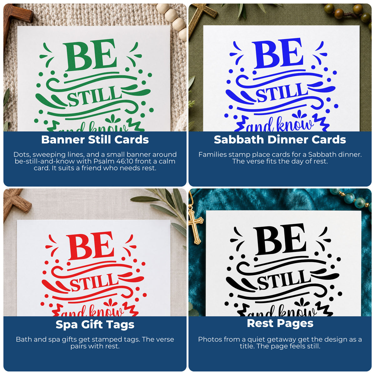 Four ways to use the Be Still And Know Ribbon Lettering Self-Inking Stamp: banner still cards, sabbath dinner cards, spa gift tags and rest pages.