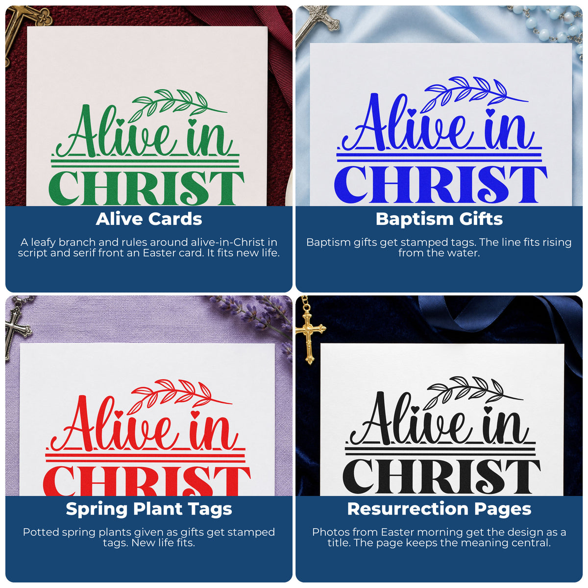 Four ways to use the Alive In Christ Leaf Accents Hand Stamp – Duo: alive cards, baptism gifts, spring plant tags and resurrection pages.