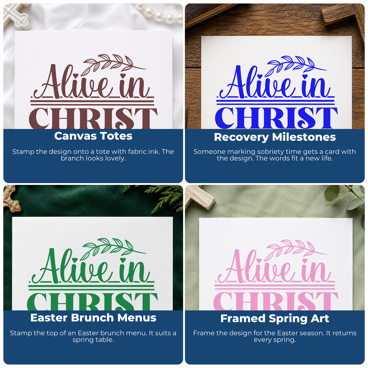 Four ways to use the Alive In Christ Leaf Accents Stamp - Premium Vintage Pro Wooden: canvas totes, recovery milestones, easter brunch menus and framed spring art.