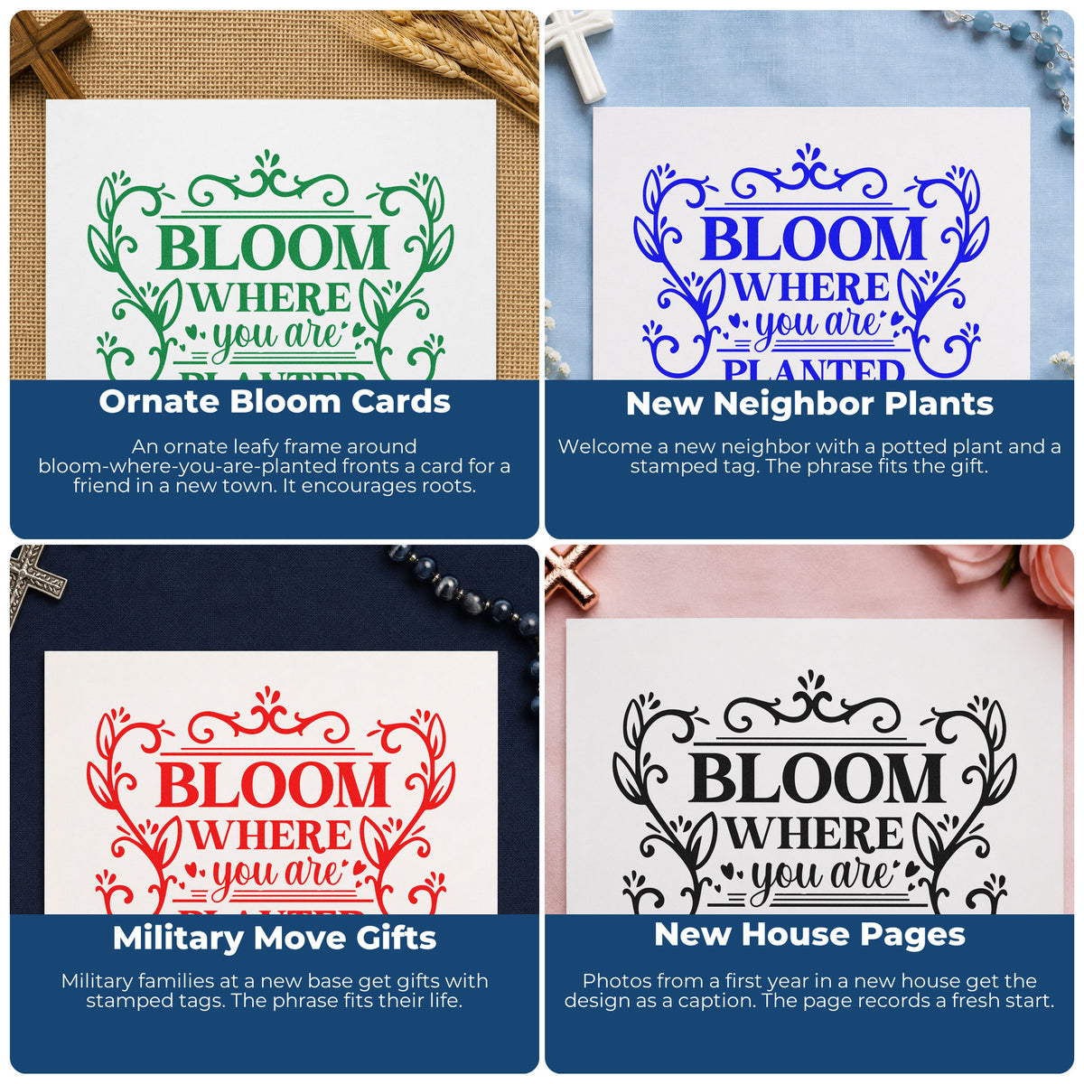 Four ways to use the Vintage Pro Bloom Where Planted Ornamental Premium Wooden Stamp: ornate bloom cards, new neighbor plants, military move gifts and new house pages.