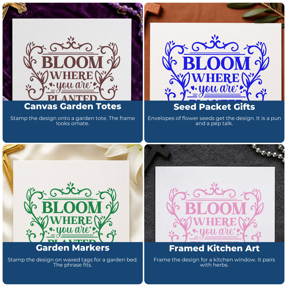 Four ways to use the Bloom Where Planted Ornamental Rubber Stamp – Duo Hand: canvas garden totes, seed packet gifts, garden markers and framed kitchen art.