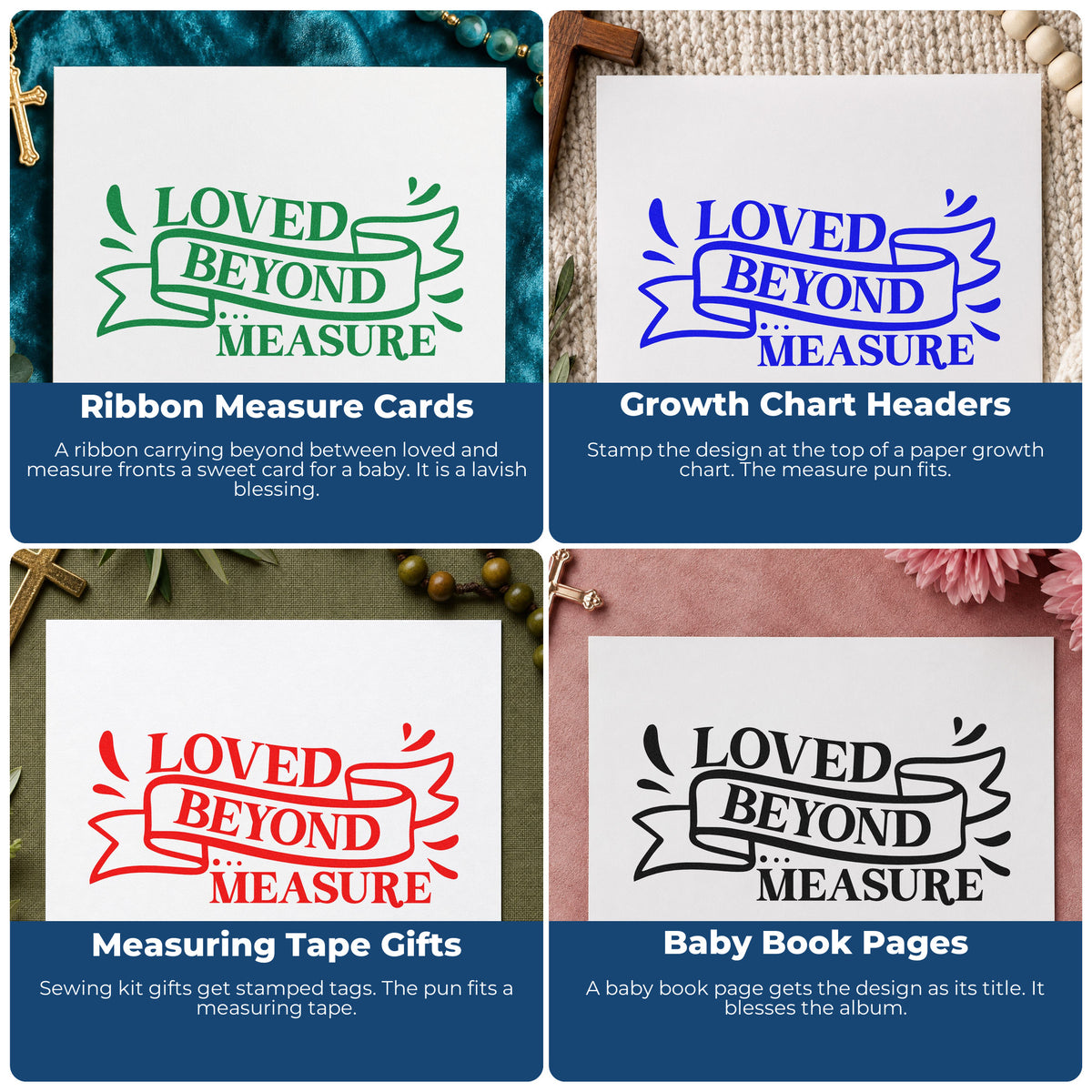 Four ways to use the Loved Beyond Measure Ribbon Hand Stamp – Duo: ribbon measure cards, growth chart headers, measuring tape gifts and baby book pages.