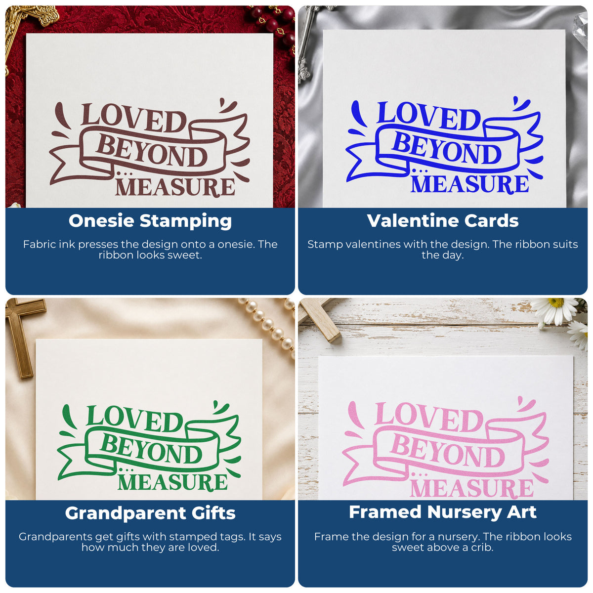 Four ways to use the Pre-Inked Loved Beyond Measure Ribbon Stamp – PSI: onesie stamping, valentine cards, grandparent gifts and framed nursery art.