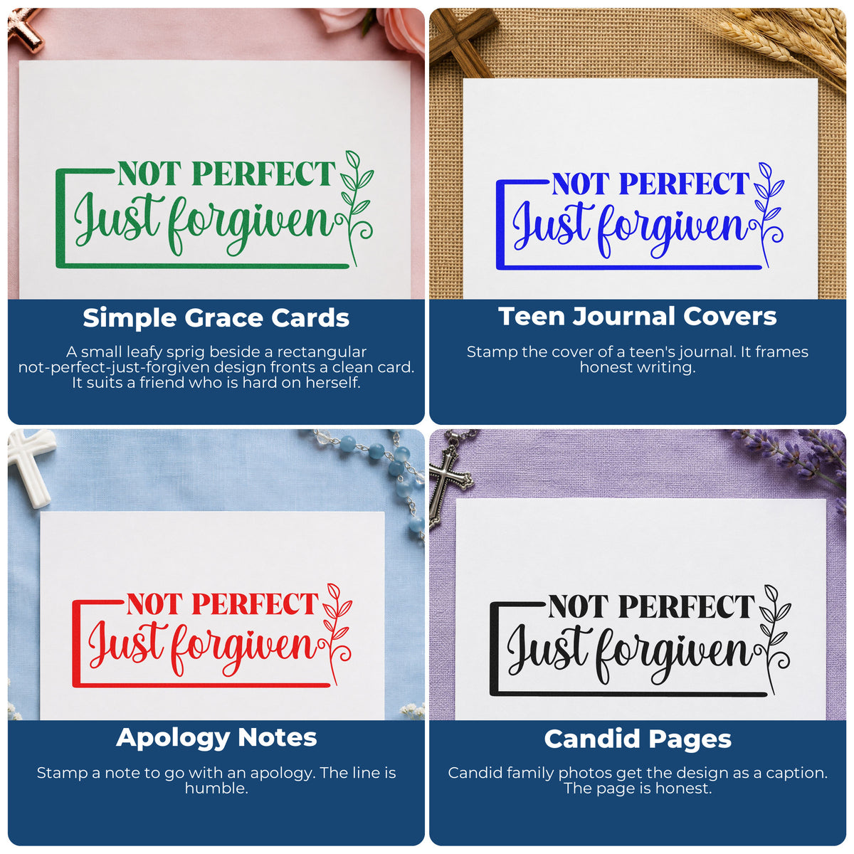 Four ways to use the Self-Inking Not Perfect Forgiven Leaf Frame Stamp: simple grace cards, teen journal covers, apology notes and candid pages.