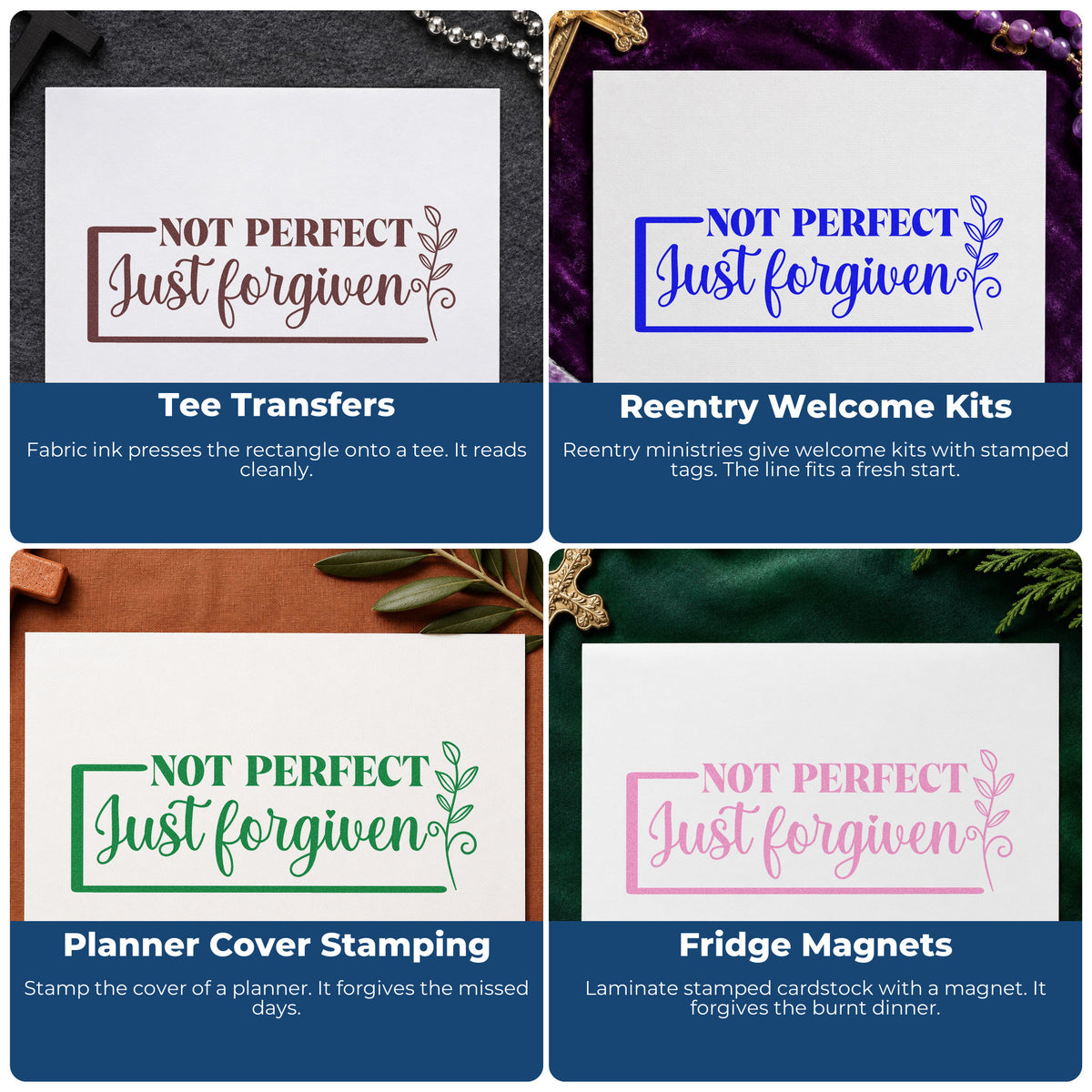 Four ways to use the Not Perfect Forgiven Leaf Frame Rubber Stamp – Wood Handle: tee transfers, reentry welcome kits, planner cover stamping and fridge magnets.