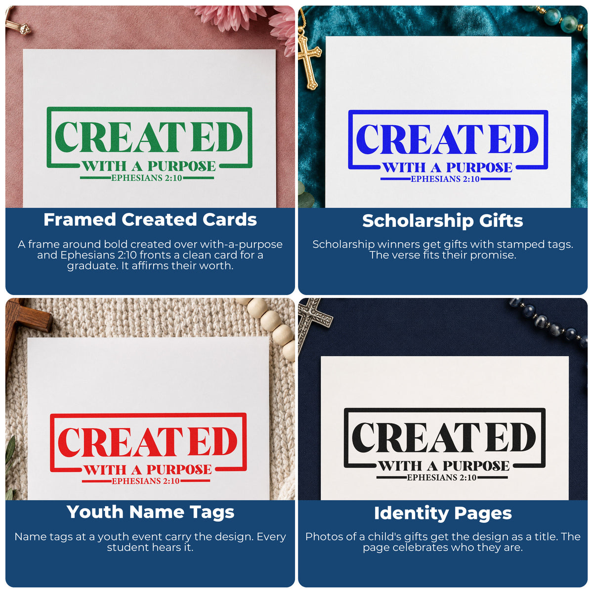 Four ways to use the Created With A Purpose Box Outline Detail Pre-Inked Stamp – Slim: framed created cards, scholarship gifts, youth name tags and identity pages.