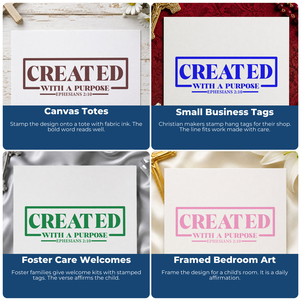 Four ways to use the Created With A Purpose Box Outline Detail PSI Pre-Inked Stamp: canvas totes, small business tags, foster care welcomes and framed bedroom art.