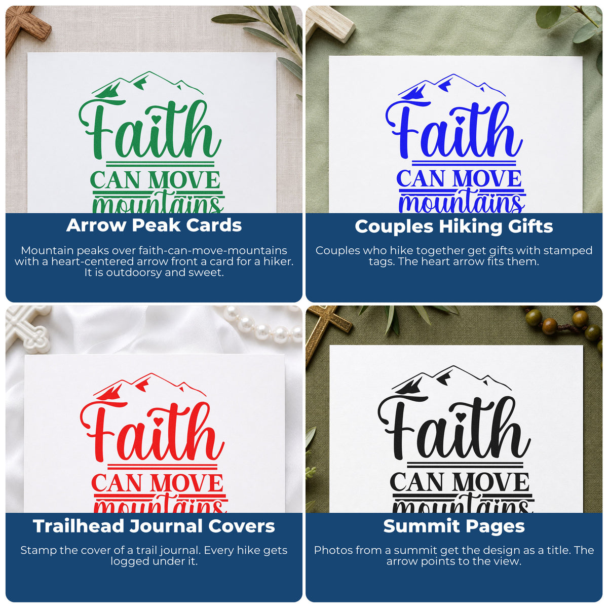 Four ways to use the Vintage Pro Mountain-Moving Faith Heart Arrow Premium Wooden Stamp: arrow peak cards, couples hiking gifts, trailhead journal covers and summit pages.