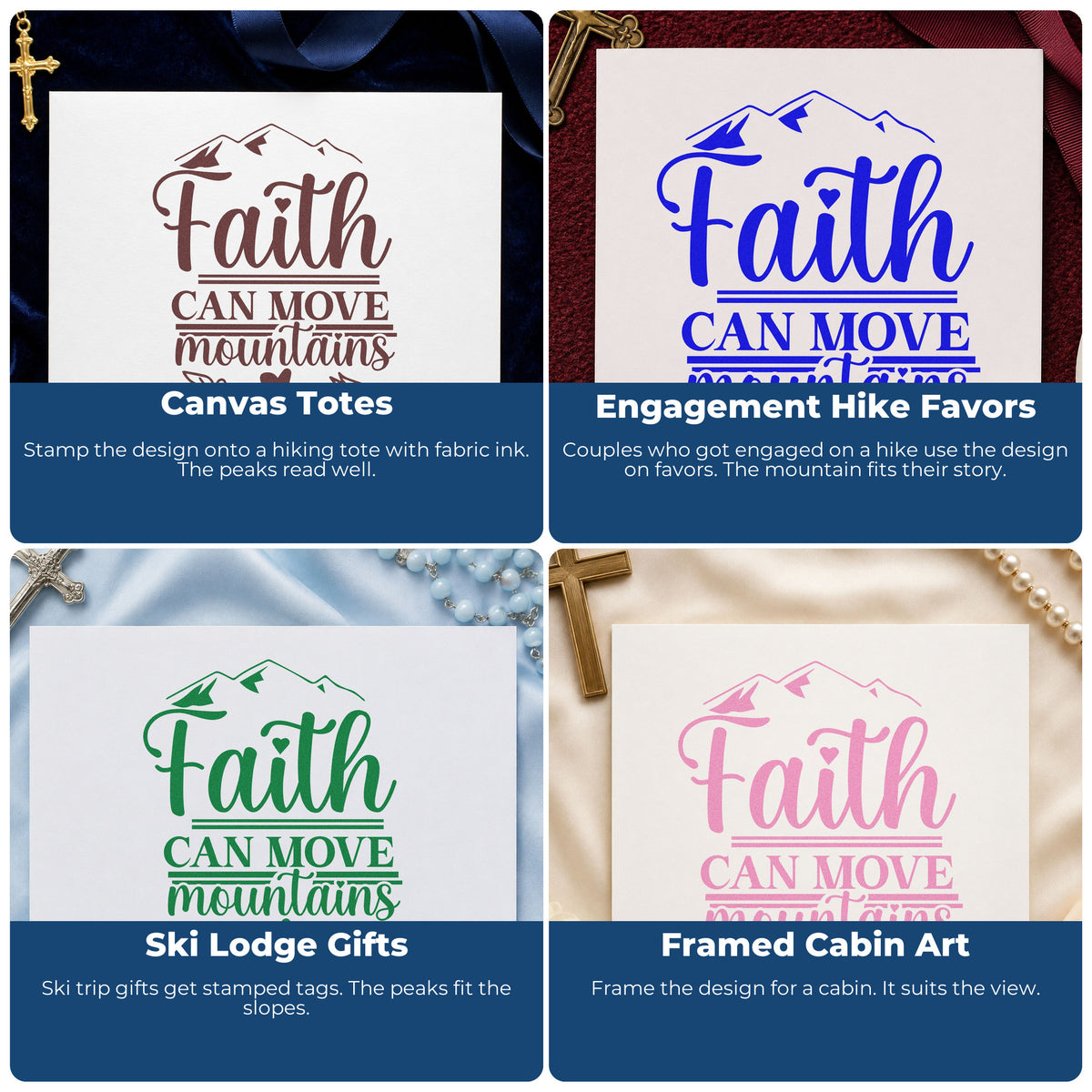 Four ways to use the Mountain-Moving Faith Heart Arrow Self-Inking Stamp: canvas totes, engagement hike favors, ski lodge gifts and framed cabin art.