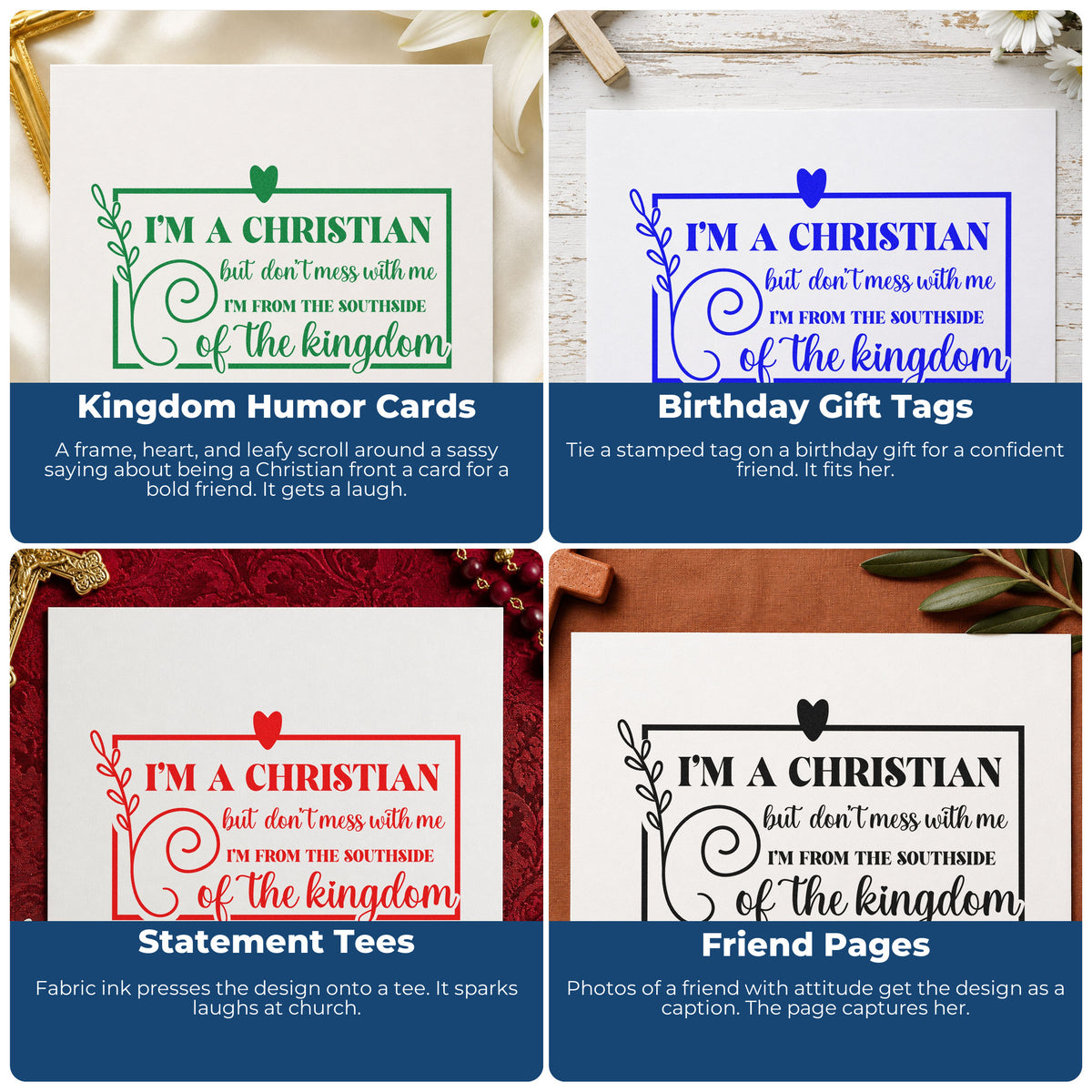 Four ways to use the Christian Southside Leaf Frame Rubber Stamp – Duo Hand: kingdom humor cards, birthday gift tags, statement tees and friend pages.