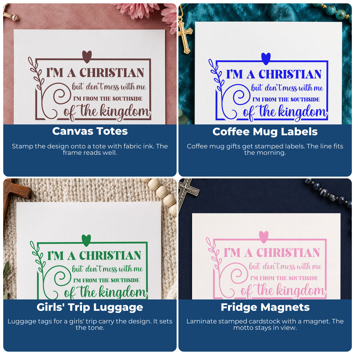 Four ways to use the Christian Southside Leaf Frame Slim Pre-Inked Stamp: canvas totes, coffee mug labels, girls' trip luggage and fridge magnets.