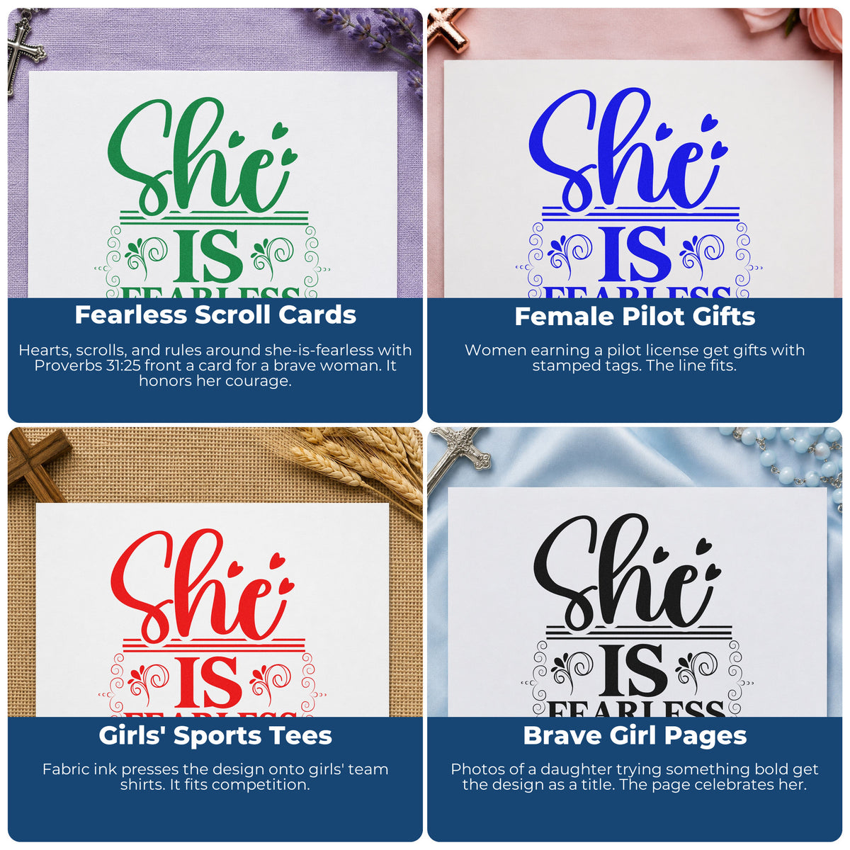 Four ways to use the She Is Fearless Premium Wood-Mounted Stamp - Vintage Pro: fearless scroll cards, female pilot gifts, girls' sports tees and brave girl pages.